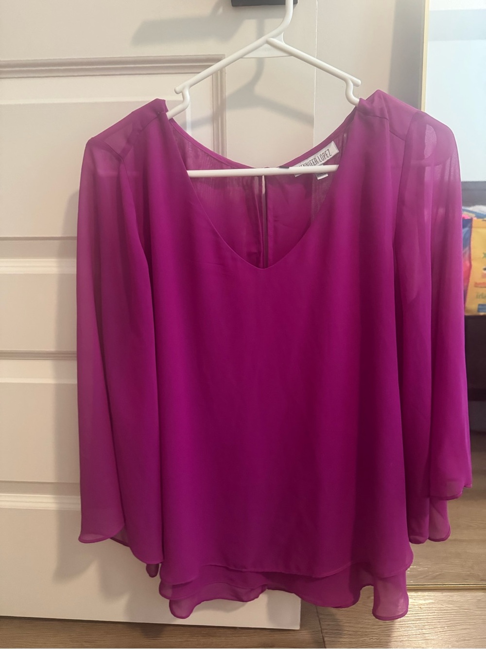 Jennifer Lopez Sheer Magenta V-Neck Chiffon Blouse